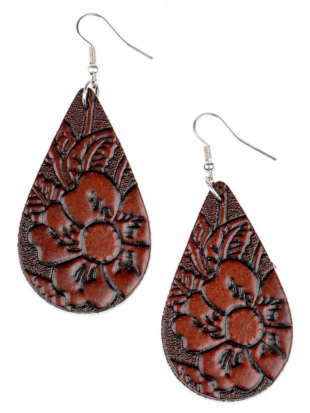 Brown Embossed Floral Teardrop Earrings